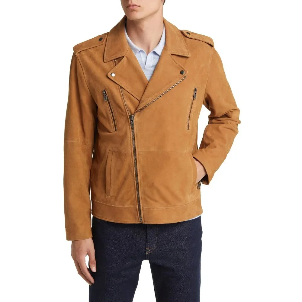 🆕OPEN EDIT from Nordstrom Suede Leather Moto Jacket Medium Camel Brown - Picture 1 of 12